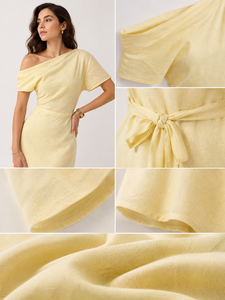 Robe longue asymétrique jaune élégante à une épaule, froncée, mi-mollet, en coton, taille naturelle, pour femme, idéale pour les fêtes - Vente en gros - Product Image 6