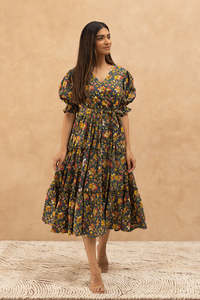 Vestido Midi con Estampado Floral, Cuello en V, Mangas Abullonadas, Estilo Boho, Corte en A, Holgado, Tejido de Viscosa, Vestido Casual de Primavera, Transpirable y Cómodo - Product Image 5