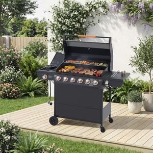 Parrilla de Gas Propano de 6 Quemadores con 72000 BTU de Potencia, Barbacoa de Acero Inoxidable y Parrillas de Hierro Fundido, Quemador Lateral Incluido - Product Image 1