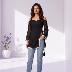 Premium Soft Georgette Off Shoulder Short Kurti With Pompom <b>Lace</b> Tassel Tie <b>Rope</b> Straight Cut Casual Party Wear Top - Product Image 4
