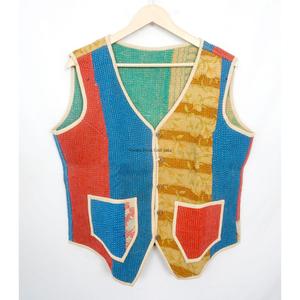 Elegant Handmade Eco-Friendly Breathable Cotton <b>Kantha</b> V-Neck Women's Waistcoat Winter Short <b>Jacket</b> Vest Button Closure - Product Image 5