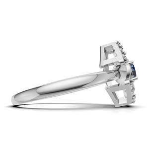 Bague de fiançailles de luxe en or blanc/jaune et rose 18 carats avec saphir bleu rond et halo ouvert, vente en gros - Product Image 4
