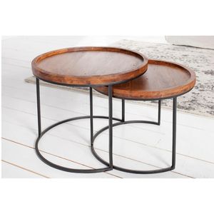 Juego de 2 Mesas de Centro Redondas de Madera Maciza de Sheesham con Patas de Metal Negro, Mesas Auxiliares para Sala de Estar, Estilo Rústico - Product Image 1