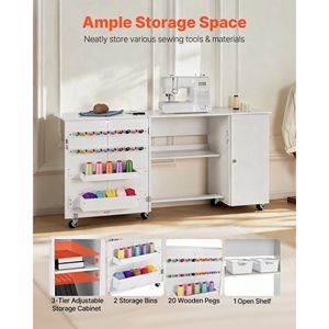Tavolo Compatto Multifunzione per Macchina da Cucire con Ganci in Legno Pieghevoli e Vassoi Portaoggetti con Ruote - Scrivania da Ufficio - Product Image 2