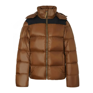 Blouson matelassé marron pour homme, col montant, fermeture éclair, à capuche, coupe-vent, décontracté, pour l'hiver, couleur unie, rembourrage épais en duvet - Product Image 2