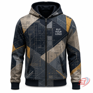 Sweat à capuche personnalisé de créateur, imprimé architectural moutarde et bleu marine, fermeture éclair intégrale, fabrication OEM, marque privée, vente en gros, fabricant de streetwear - Product Image 1