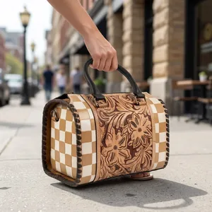 Genuine Leather Vintage Style Women's <b>Handbag</b> Diamond Lattice Design Polyester Lining Chains Decoration Two Straps Outdoor Use - Product Image 4