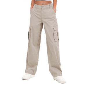 Pantalones Cargo Caqui de Cintura Alta para Mujer, Pantalones Anchos de Algodón con Múltiples Bolsillos, Corte Holgado, Estilo Urbano - Product Image 3