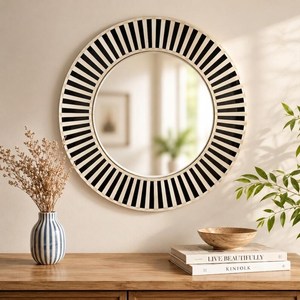 <b>Round</b> <b>Wall</b> <b>Mirror</b> With Green And White Striped Inlay Frame Circular Decorative <b>Mirror</b> For Living Room Or Bedroom - Product Image 6