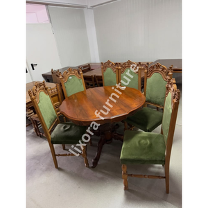 Luxury Handcrafted <b>Solid</b> <b>Wood</b> 6 Seater Round Dining <b>Table</b> Set Antique Victorian Style Green Velvet - Product Image 6