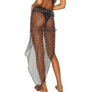 Mesh Pearl Cover Up <b>Skirt</b> with Rhinestones Beach Sarong Wrap Tie Triangle Swimsuit Cover Up for Women - Product Image 3