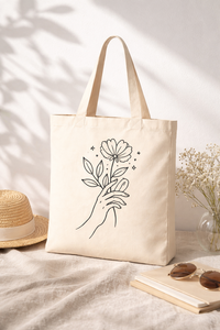 AMANI Premium 250gsm Cotton <b>Canvas</b> <b>Tote</b> Bag Minimalist Hand Flower Line Art Print Long Handle Eco Friendly Washable Reusable - Product Image 2