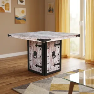 Mesa de comedor cuadrada plegable de madera recuperada vintage para 4 personas con detalles metálicos hechos a mano para restaurante, hotel, hogar. - Product Image 3