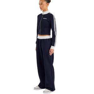 <b>Womens</b> Cropped Full <b>Zip</b> High Collar Tracksuit Set Contrast Trim Sleeve <b>Top</b> Wide Leg Trousers Elastic Waist 2 Piece Casual Outfit - Product Image 6
