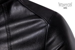 Men Genuine Leather Winter Breathable Stand Collar <b>Zip</b> <b>up</b> Biker Coat Black Regular Fit Custom OEM Service - Product Image 5