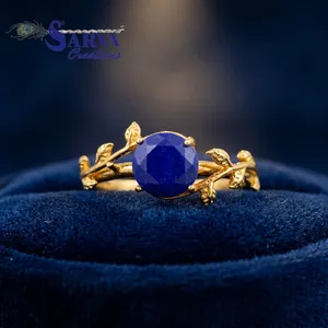 Gold Plated <b>Lapis</b> <b>Lazuli</b> <b>Ring</b> Plant Design Prong Setting Romantic Women's Gemstone <b>Ring</b> Everyday Wear - Product Image 4
