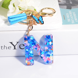 New Resin Blue Heart Sequined A-Z <b>Initial</b> Letter Key <b>Chain</b> Butterfly Tassel Letter Charm Keychain for Bag Key Backbag - Product Image 1