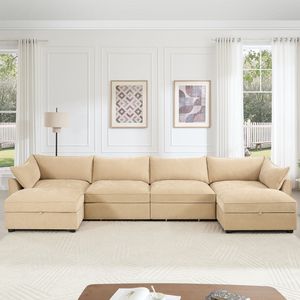 Divano divano in ciniglia profonda a 4 posti a forma di U divano in grano 2 pouf mobili 6 posti con riporre componibili divani da soggiorno - Product Image 2