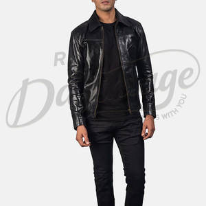 Chaqueta de cuero negra para hombre, cuello clásico, piel de oveja auténtica, informal, con cremallera, para otoño e invierno, estilo ejecutivo. - Product Image 1