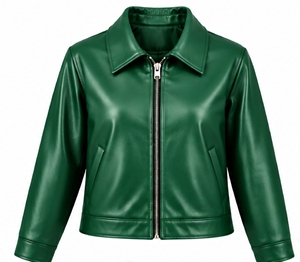 Chaqueta de Cuero Sintético Verde para Mujer, Cuello Camisero, Cierre de Cremallera, Manga Larga, Abrigo de Otoño - Product Image 1