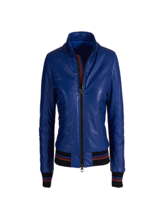 Women's blue Genuine Leather Moto Jacket Full Sleeve <b>Zipper</b> Closure Stand Collar Autumn Style - Product Image 2