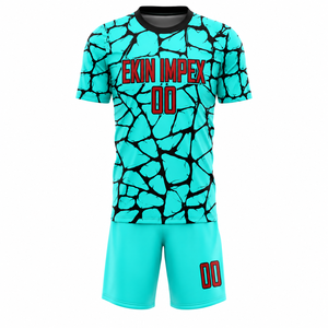 Custom Soccer Uniform Sublimation Crack Pattern Football Jersey Set Turquoise Quick Dry <b>Athletic</b> Kit - Product Image 1