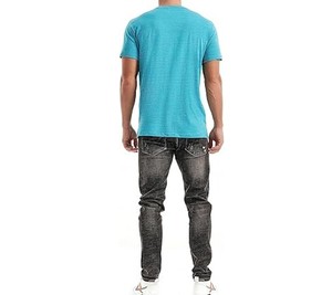 เสื้อยืดแขนสั้นสีทึบสำหรับผู้ชาย ทรงปกติ คอกลม ผ้าฝ้ายเจอร์ซีย์ลำลอง สีฟ้า - Product Image 2