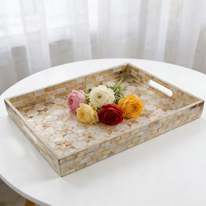 <b>Black</b> Mother of Pearl Inlay Round Tray, Floral Bone Serving Decor by Barkha star - Product Image 1