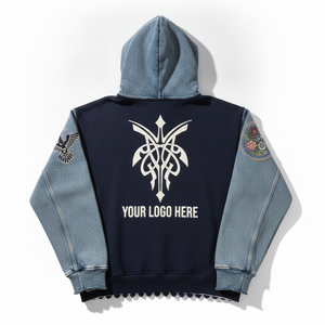 TAWFIQ Sweat à capuche bleu marine avec manches en jean, logo brodé au dos, vêtement décontracté d'automne, coupe classique, coton et fibre de bambou - Product Image 1