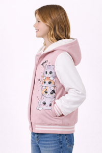 เสื้อแจ็คเก็ตวาร์ซิตี้มีฮู้ดสำหรับเด็กผู้หญิงลายการ์ตูนแมวสีชมพู ติดกระดุมแป๊ก บุซีร์ปาให้อบอุ่น - Product Image 2