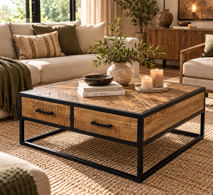 <b>Rustic</b> Industrial <b>Coffee</b> <b>Table</b> Metal Frame with Two Storage Drawers Modern Living Room Furniture - Product Image 1