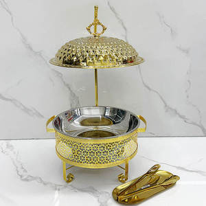 Luxury Stainless Steel Round Chafing Dish Buffet Food Warmer with Gold Finish <b>Stand</b> and Glass Lid for Wedding Catering - Product Image 1