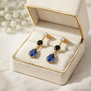 Elegant Sapphire & Black Obsidian Pear Drop <b>Earrings</b> CZ Accent Minimalist Handmade Gemstone <b>Stud</b> Dangle <b>Earrings</b> Gift For Her - Product Image 6