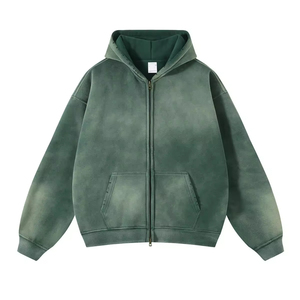 Sweat à capuche zippé intégral personnalisé haut de gamme pour homme, style streetwear, avec effet vieilli, délavé à l'acide, patchs, épaules tombantes et broderie, en tissu épais - Product Image 3