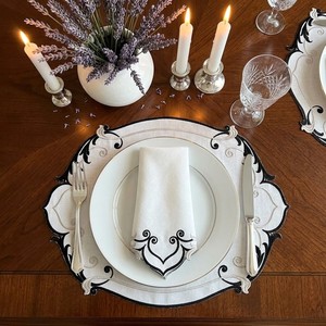 Elegant <b>Black</b> Embroidered Linen <b>Placemats</b> and Napkins Set Scalloped Edge Baroque Table Mat for Hotel Wedding Banquet Decor - Product Image 1