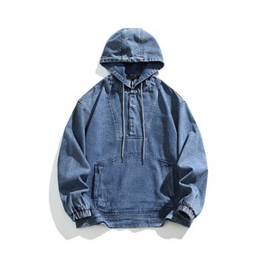 2026 Unisex Casual Blue Washed Denim Embroidered <b>Half</b> <b>Zip</b> Vintage Hooded Drawstring <b>Jacket</b> Windproof Eco-Friendly for <b>Men</b> Women - Product Image 5