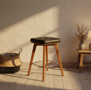 Chaise de bar artisanale avec assise en similicuir, pieds en bois, base en acier inoxydable, design mid-century pour bar à domicile ou usage commercial - Product Image 6