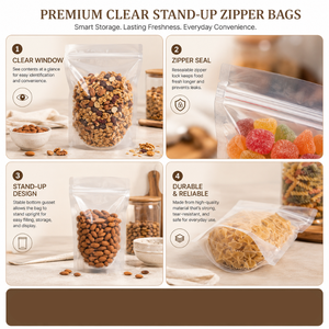 Clear Stand-Up Zipper Bags Resealable Food Grade <b>Plastic</b> <b>Packaging</b> Pouch With Zipper Top For Snacks Storage - Product Image 2