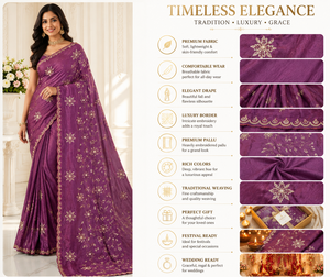 Purple Embroidered Silk <b>Saree</b> <b>Women</b> | Handcrafted Zari Border | Vintage Style | Floor-Length | Festival Wedding Party Wear | - Product Image 4