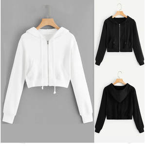 Sudadera blanca de cuello redondo para mujer, informal, lisa, con cremallera, manga larga, estilo crop top, con bolsillo, insignia y lentejuelas, de lona, para primavera - Product Image 1