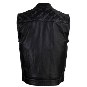 Gilet moto en cuir véritable pour homme, col montant, empiècements matelassés, poches, couleur unie, veste en cuir à prix avantageux - Product Image 2