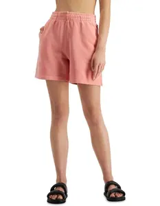 Shorts décontractés pour femmes, originaux, 100 % coton, couleur unie, taille haute, avec cordon de serrage dissimulé et poches latérales pratiques - Product Image 1
