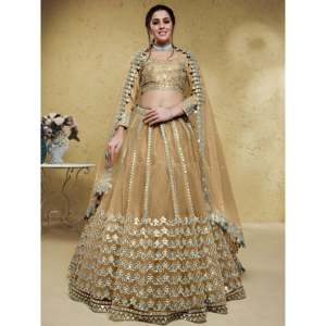 Stunning Beige Foil Work <b>Net</b> Wedding Lehenga Choli with Dupatta for Women - Product Image 1