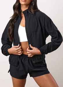 Ensemble de sport 2 pièces pour femme, haut zippé à manches longues, short taille haute, couleur unie, tricoté, respirant, Spandex/Nylon, été, sportif - Product Image 3
