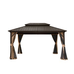 Gazebo in Alluminio con Tetto Rigido 10' X 12', Tetto Doppio in Acciaio Zincato, Tenda e Rete, Pergola Permanente - Product Image 1