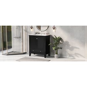 Mobile Bagno Multifunzionale Nero da 30 Pollici in Legno Massello e MDF con Lavabo Integrato, Ante e Cassetto - Product Image 3