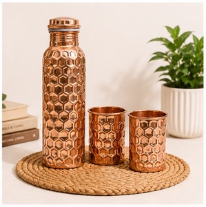 Handcrafted Pure <b>Copper</b> Water <b>Bottle</b> Honeycomb Diamond Hammered Design Wholesale Luxury <b>Copper</b> Drinkware Set - Product Image 2