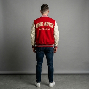 Red Cream Letterman <b>Jacket</b> Wool Body Leather Sleeves Rib Knit Collar Cuffs Snap Front Custom Logo Streetwear Outerwear Mens Coat - Product Image 2