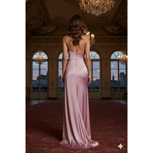 Elegante vestido de noche formal de satén, corte ajustado que realza la figura, estilo columna, largo hasta el suelo con un pronunciado abertura frontal. - Product Image 2