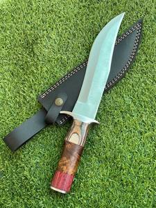 Couteau de chasse Bowie en acier au carbone, bord partiellement dentelé, manche en bois, pour camping et randonnée en extérieur, garantie 3 ans - Product Image 3